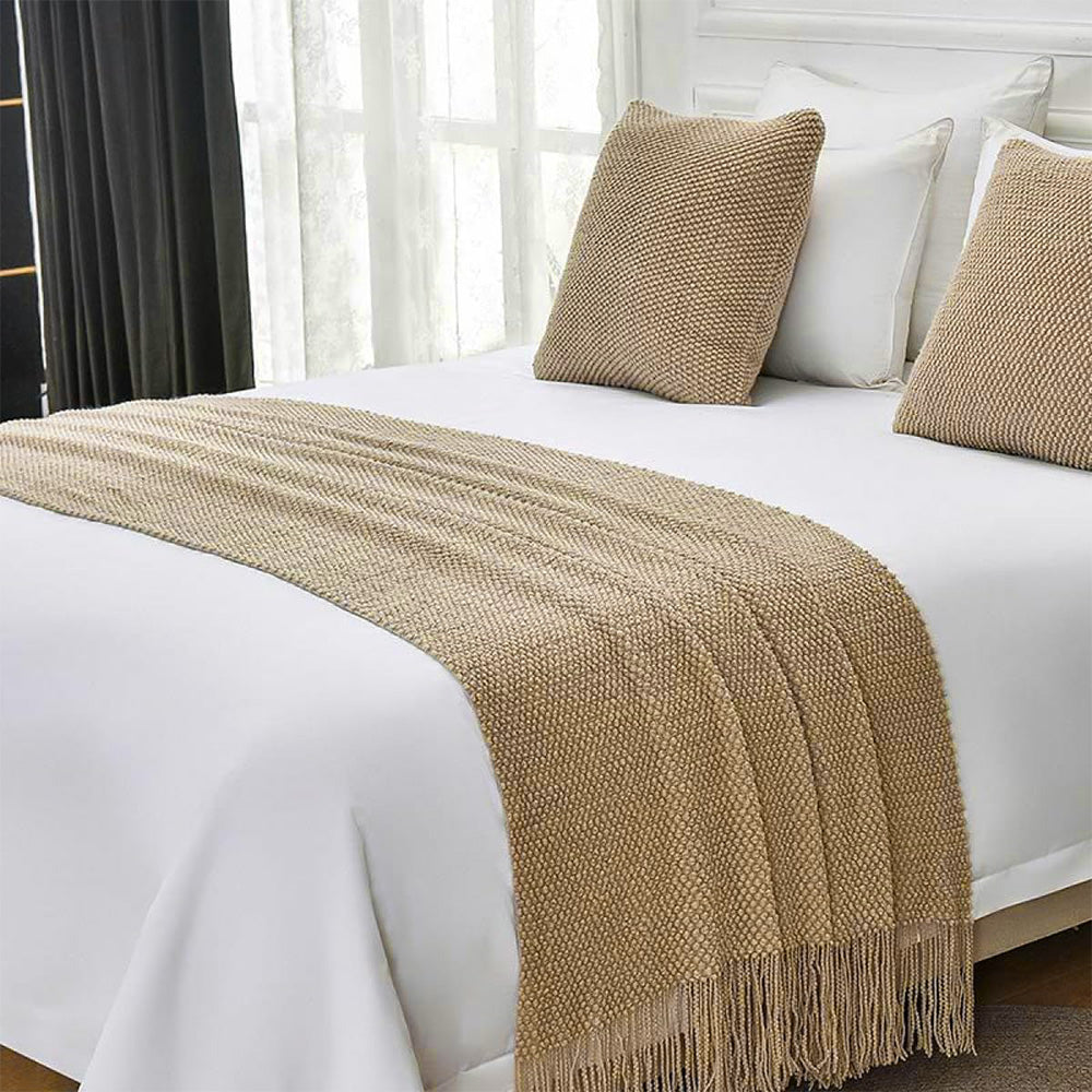 Vintage Knitted Throw Blanket with Tassels-Camel