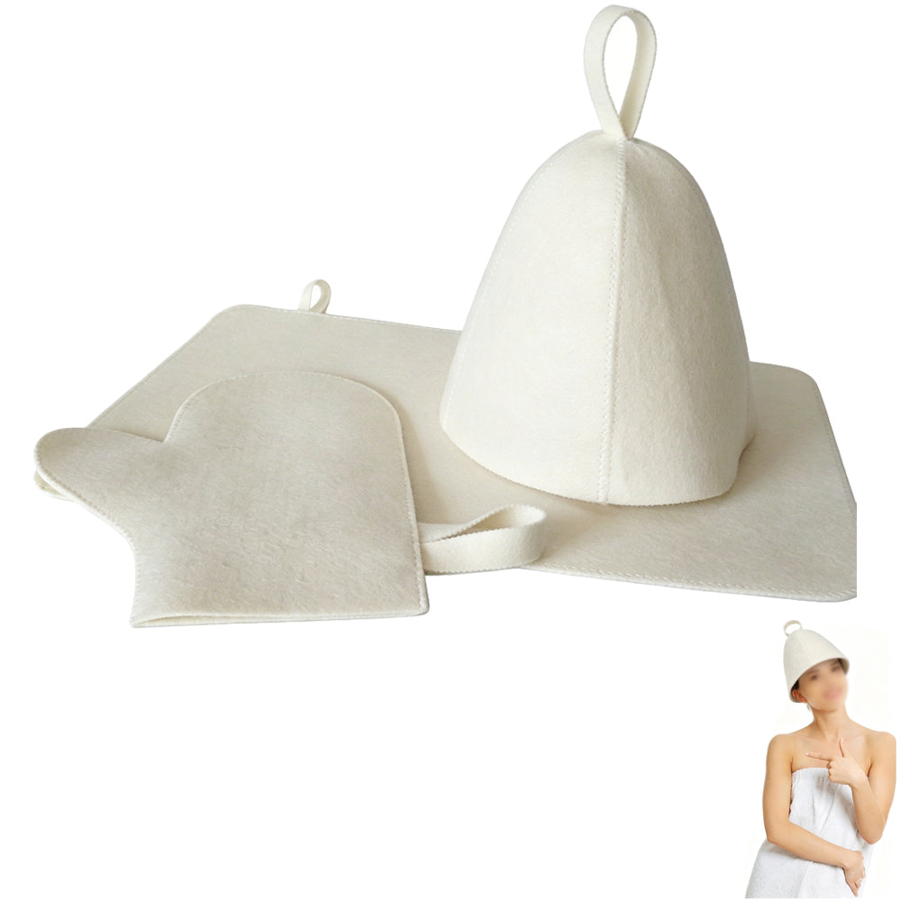 3Pcs Sauna Felt Kit with Hat and Gloves-White