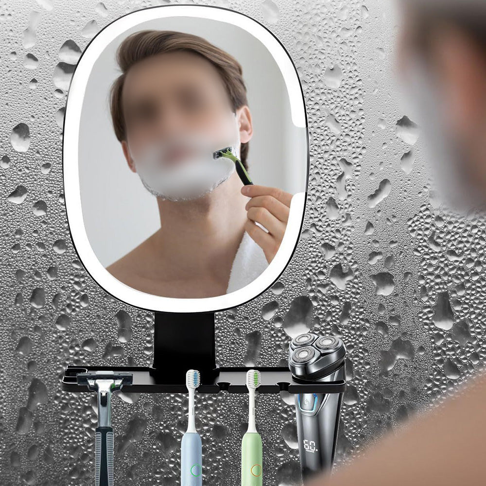 Bathroom Anti Fog Mirror with Lights Built In Shelf No Drilling Installation for Shower Room-Round
