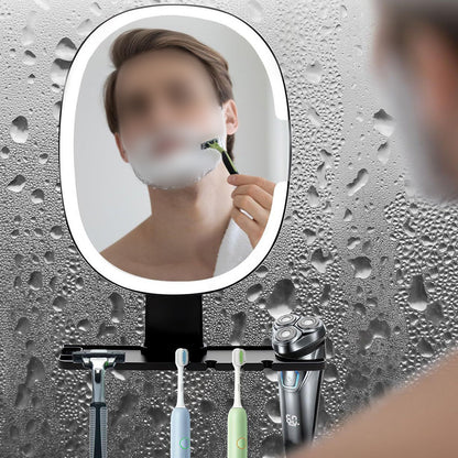 Bathroom Anti Fog Mirror with Lights Built In Shelf No Drilling Installation for Shower Room-Round