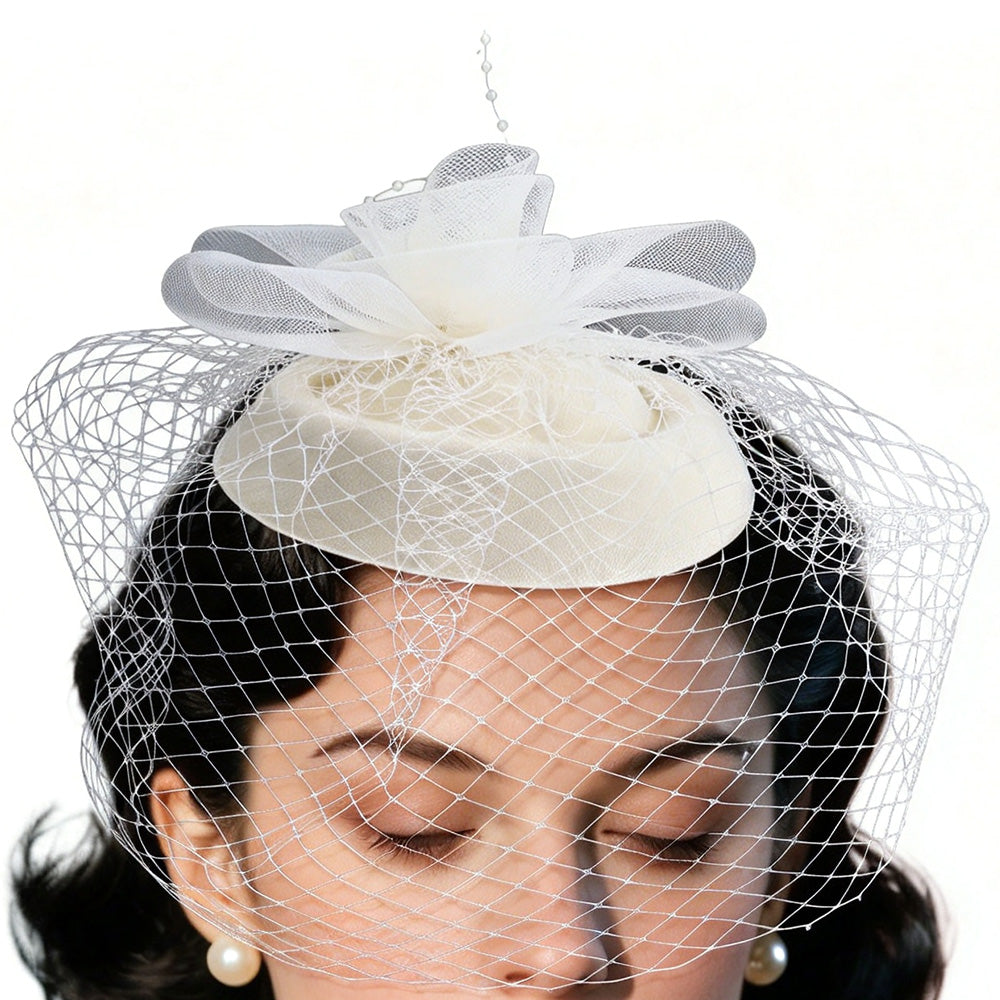 Vintage Mesh Rose Birdcage Veil Bridal Hair Headpiece - Beige