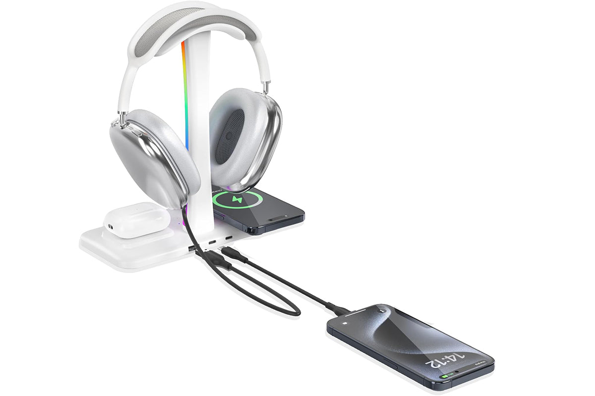 Headphone Stand with Wireless Charger Gaming Headset Stand with RGB Light for Airpod Pro iPhone Samsung -White