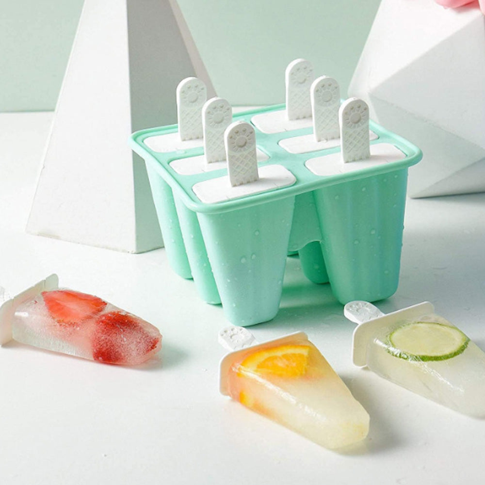 6 Cavity Ice Cream Mould Block Popsicle Molds Ice Lolly Mold With Sticks -Light Green