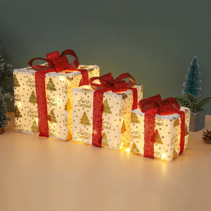 3PCS Lighted Christmas Gift Boxes with 8 Modes for Indoor and Outdoor Decor Red