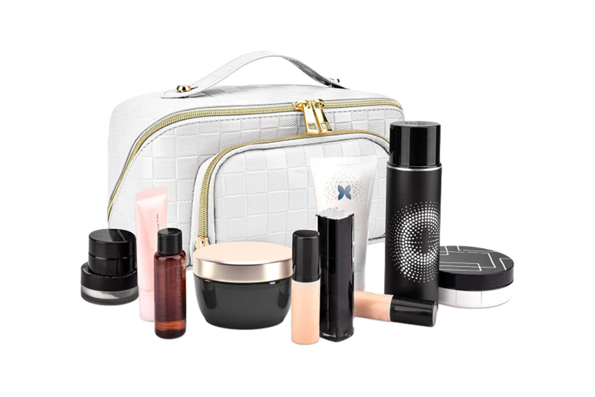 Large Capacity PU Leather Water-Resistant Checkered Cosmetic Bag Travel Makeup Bag-White