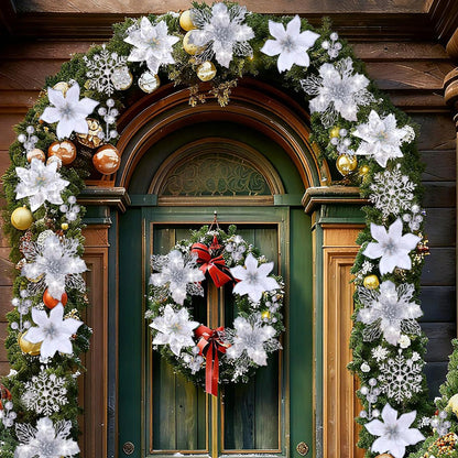 24Pcs Artificial Flowers Christmas Tree Ornaments for Wreath Fireplace Stairs Decor Silver