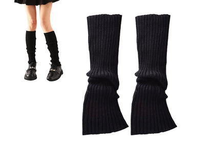 Ribbed Knit Leg Warmers Crochet Long Boot Socks - Black