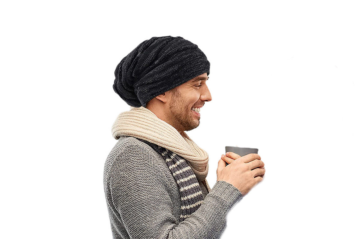 Men Women Unisex Winter Warm Fleece Lined Slouchy Knit Beanie Hat-Black