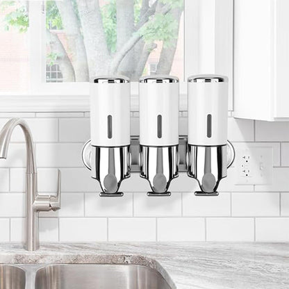 3-Chamber Shower Soap Dispenser Wall-Mounted Shampoo and Conditioner Dispenser with Visible Window White