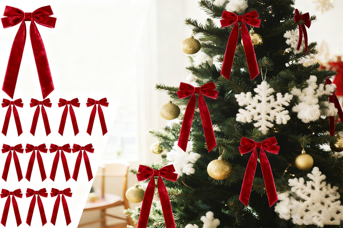 12Pcs Velvet Ribbon Bows for Christmas Tree Vintage Rustic Craft Bows-Red