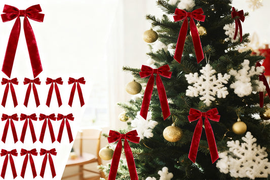 12Pcs Velvet Ribbon Bows for Christmas Tree Vintage Rustic Craft Bows-Red