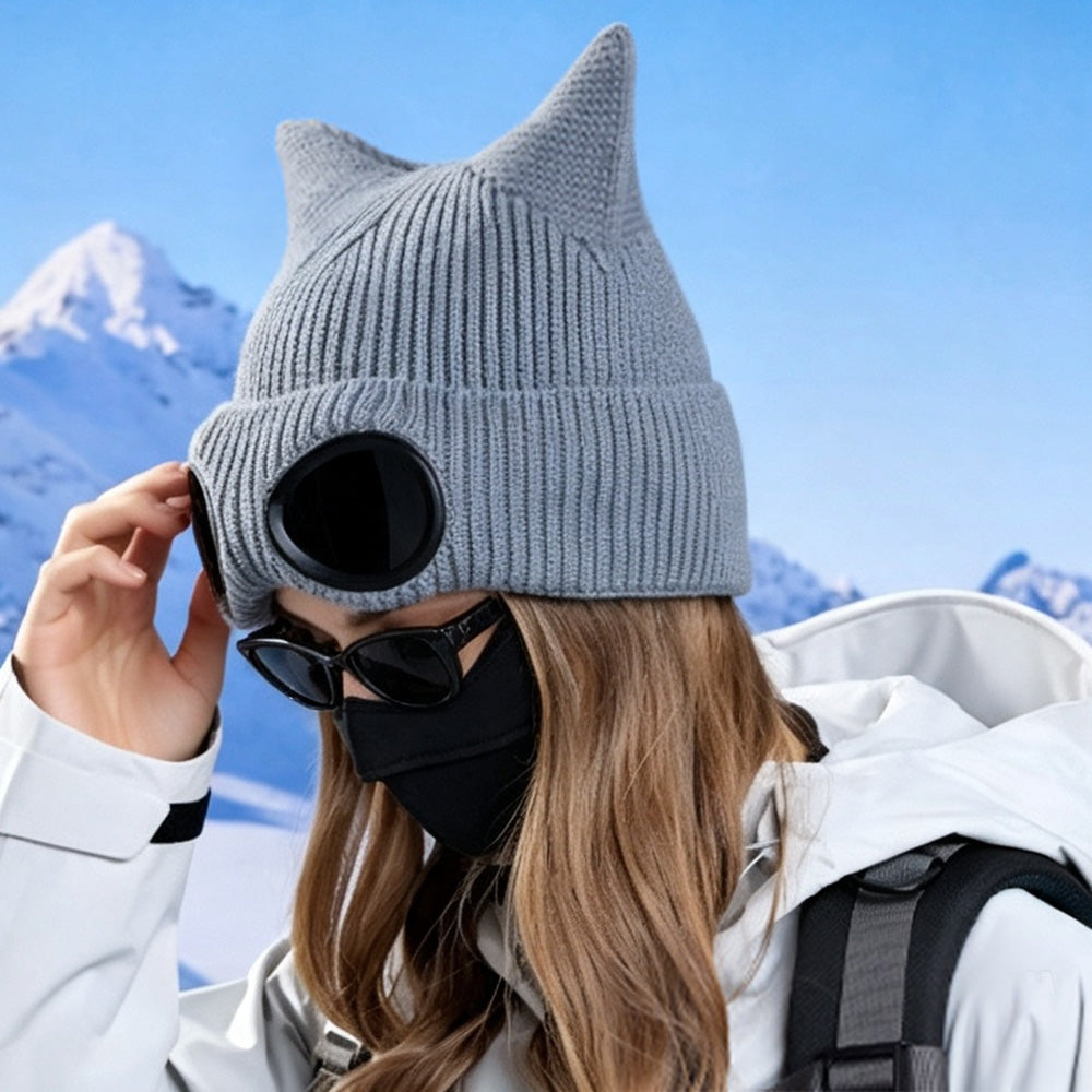 Double Layer Knit Winter Beanie with Goggles - Grey