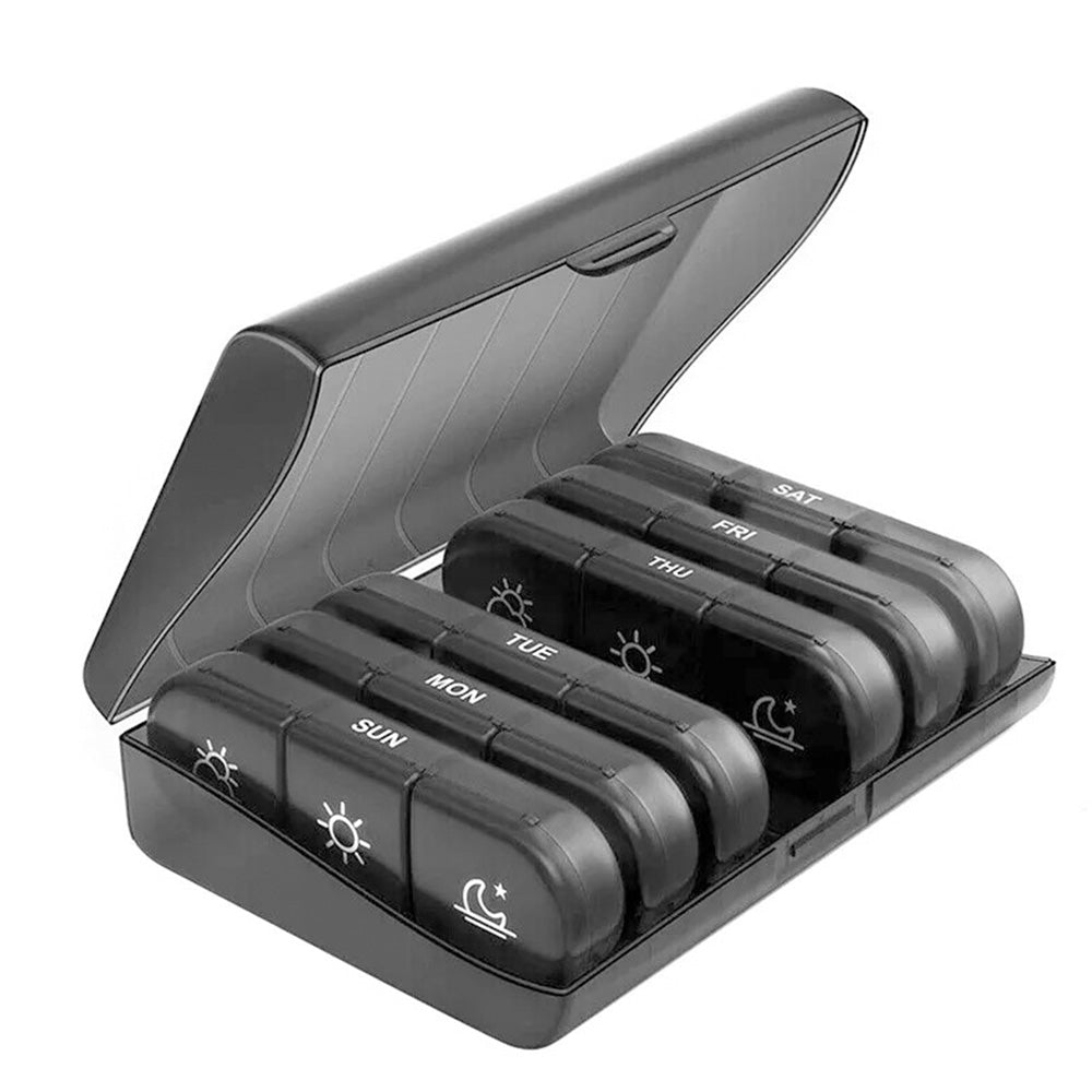 Weekly Pill Box Organizer 7 Days Tablet Storage Dispenser With One Side Large Openings-Black