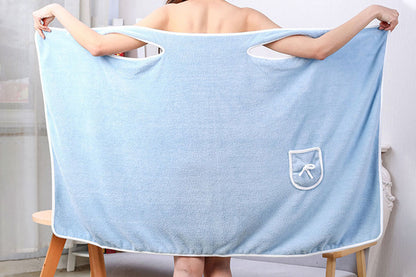 Coral Fleece Bath Towel Wearable Wrap Absorb Bathrobe With Pocket-Sky Blue