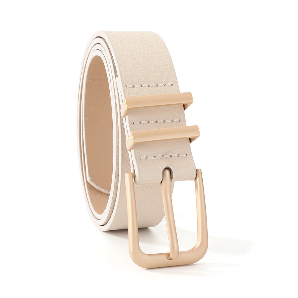Women PU Leather Waist Belt Gold Pin Buckle Casual Belt for Jeans Dress-Beige