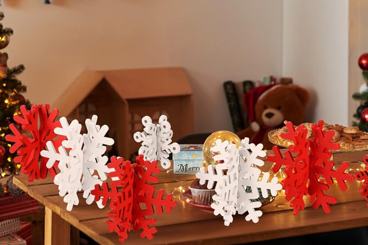 8Pcs 3D Wooden Snowflake Table Decor Christmas Wonderland Centerpiece-Red White