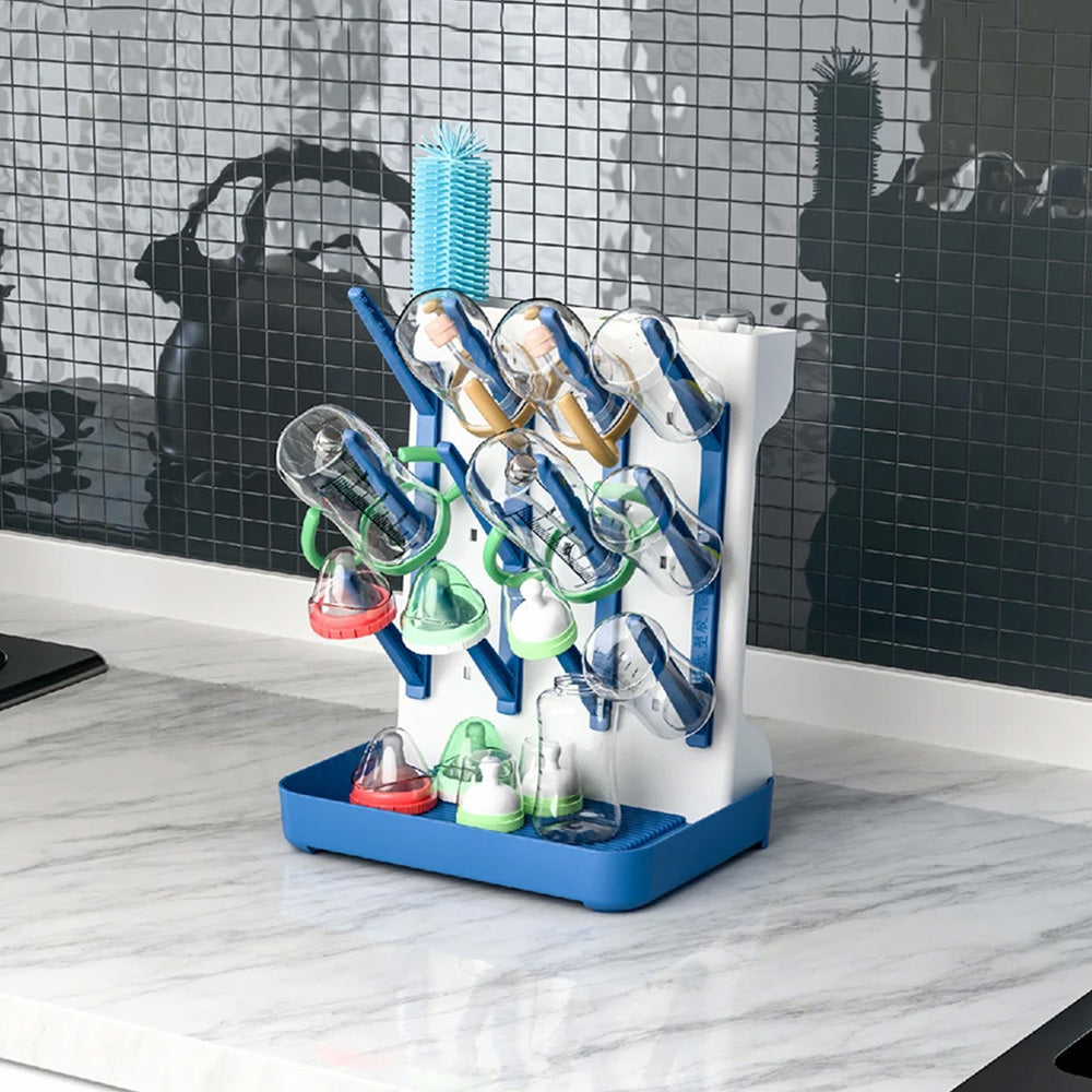 Detachable Bottle Drying Rack for 12 Bottles Space Saving Countertop Vertical Rack with Brushes Holder Blue