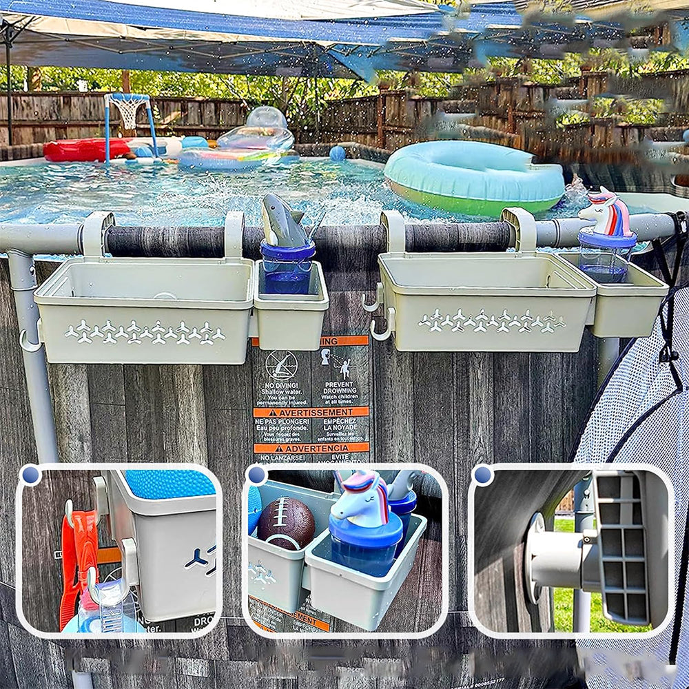 Hanging Poolside Storage Baskets with Cup Holders Above Ground Pool Accessories Grey