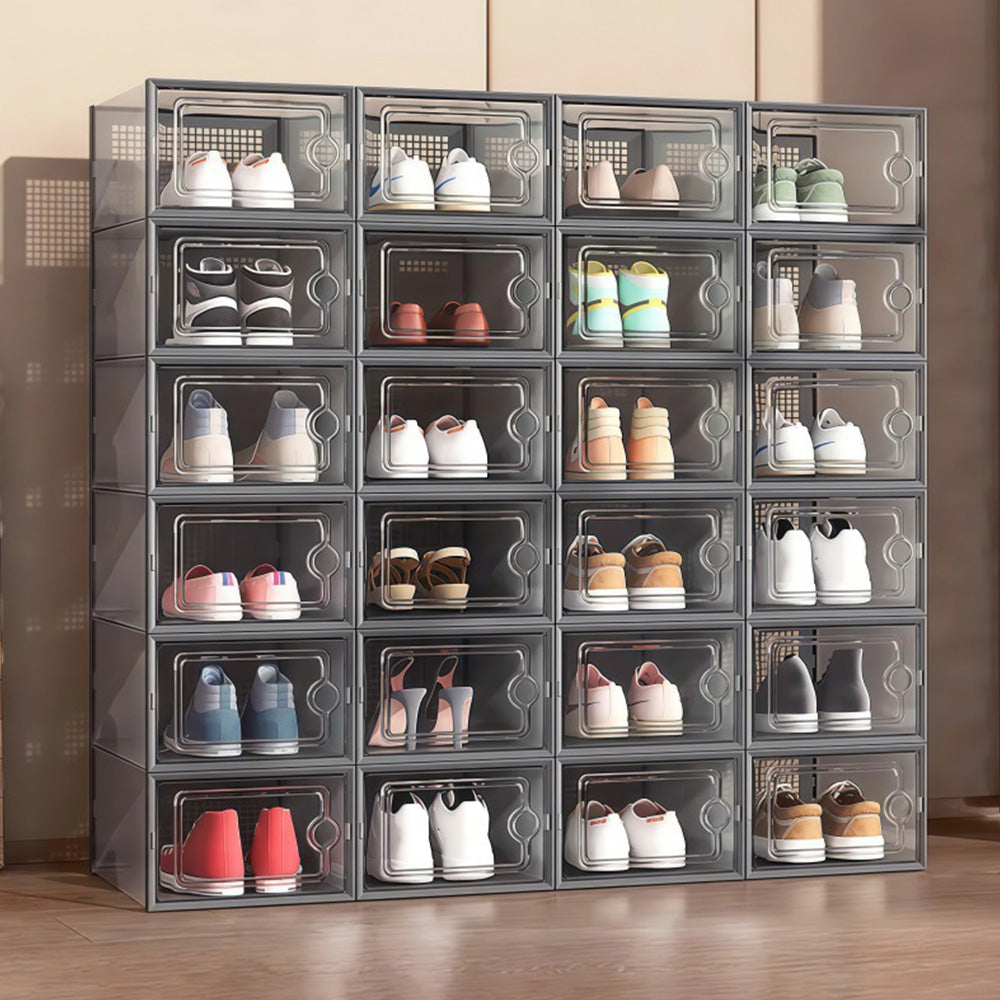 2 Pcs Clear Stackable Shoe Boxes Plastic Sneaker Containers for Closet Under Bed-Grey
