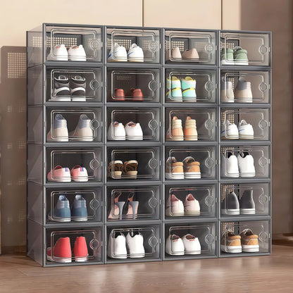 2 Pcs Clear Stackable Shoe Boxes Plastic Sneaker Containers for Closet Under Bed-Grey