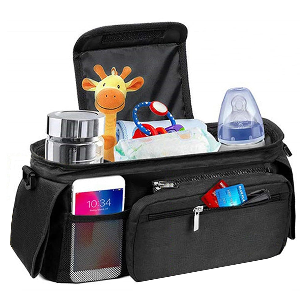 Universal Stroller Organizer with Cup Holder Travel Essential Caddy with Shoulder Strap Black