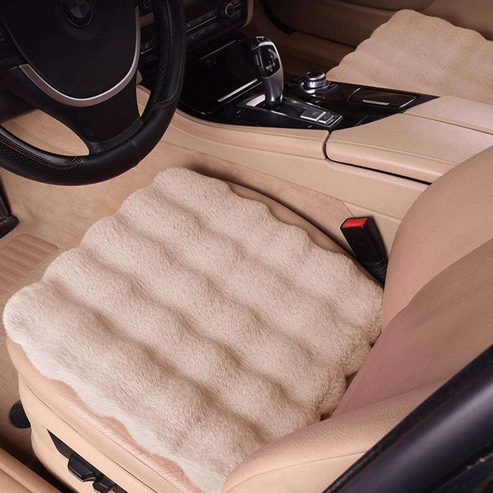 3Pcs Faux Fur Plush Car Seat Cushion Set Non Slip Seat Protector for Winter-Khaki