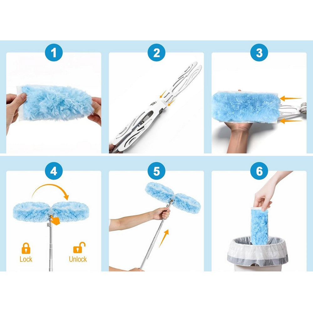 Extendable Duster Handle with 20 Refills Microfiber Dusting Pads for Ceiling-Blue