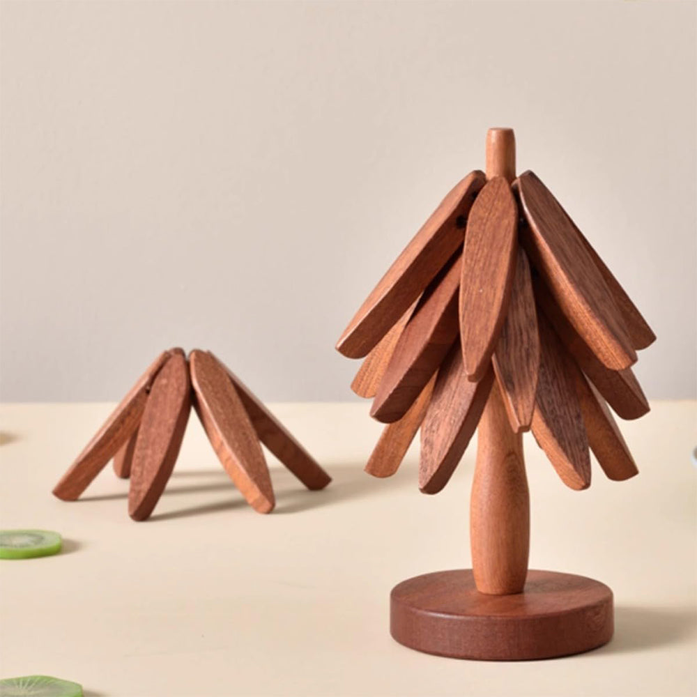 4Pcs Christmas Tree Coasters Wooden Tree Shape Trivets for Hot Dishes with Stand Dark Brown