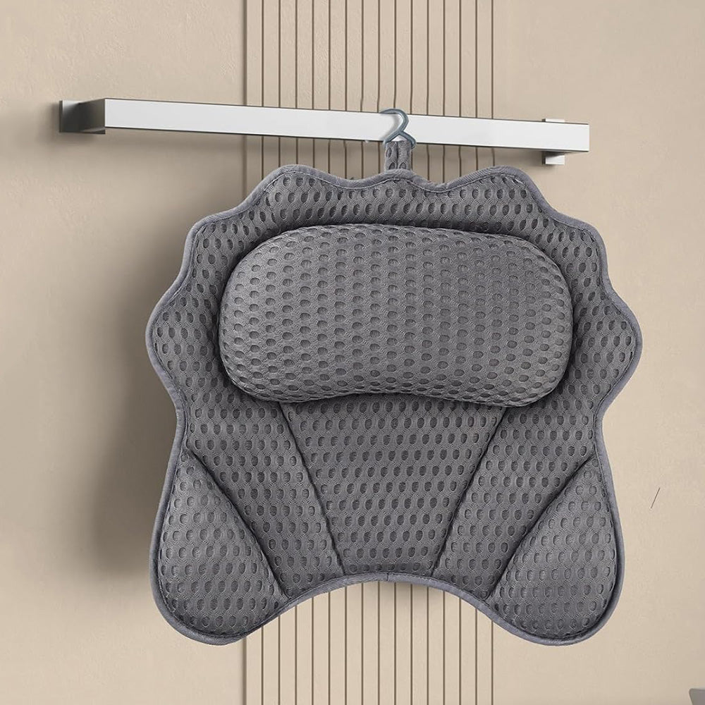 Bath Pillow with Headrest and 6 Suction Cups for Tub Support and Relaxation Grey