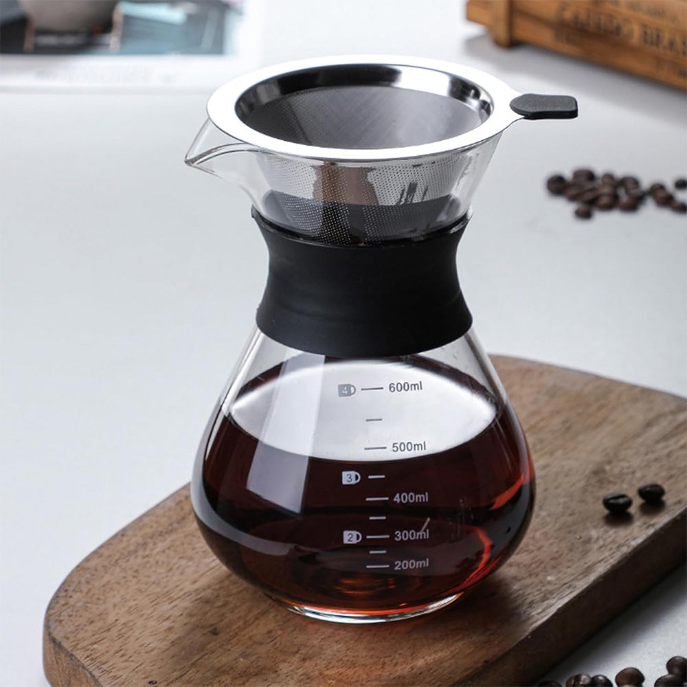 Pour Over Coffee Maker Borosilicate Glass Carafe with Reusable Stainless Steel Filter-600ml