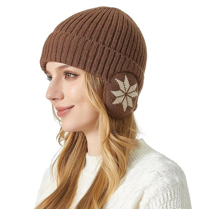 Unisex Winter Knit Earflap Beanie Hat Warm Ear Flap Hat with Knit Brimmed Ski Cap Coffee