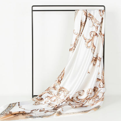 90cm Square Head Scarf Printed Satin Hair Scarf Bandanas for Women-Beige