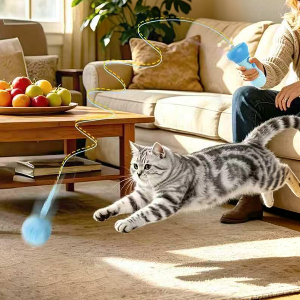 Cat Teaser Launcher with Retractable Cord and 2 Plush Balls - Blue