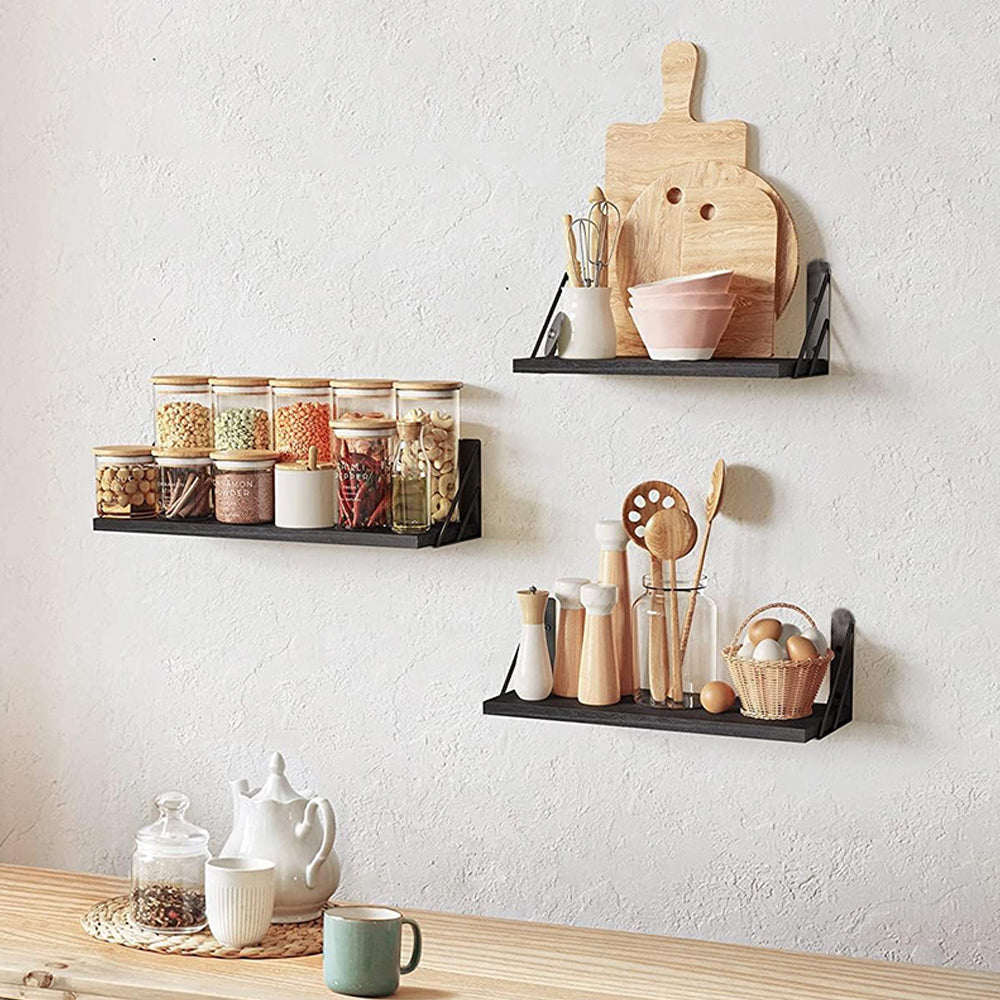 Set of 3Pcs Wall Mounted Wood Floating Shelves Storage Display Racks Black