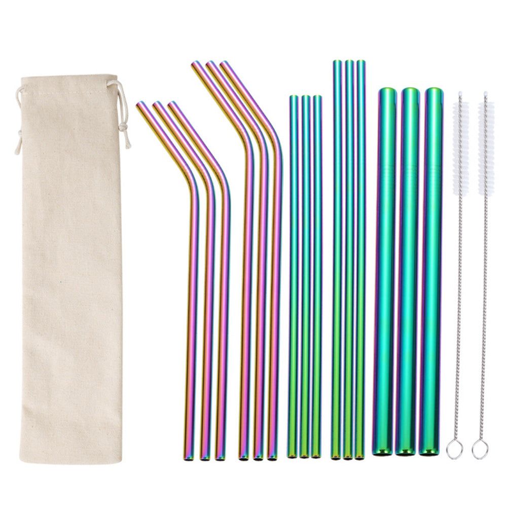 17Pcs Reusable Stainless Steel Straws Set with Cleaning Brushes and Pouch-Mixed
