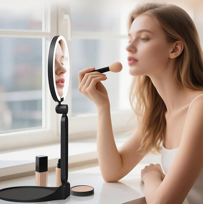 Portable Folding Double Sided LED Magnifying Makeup Mirror - Black