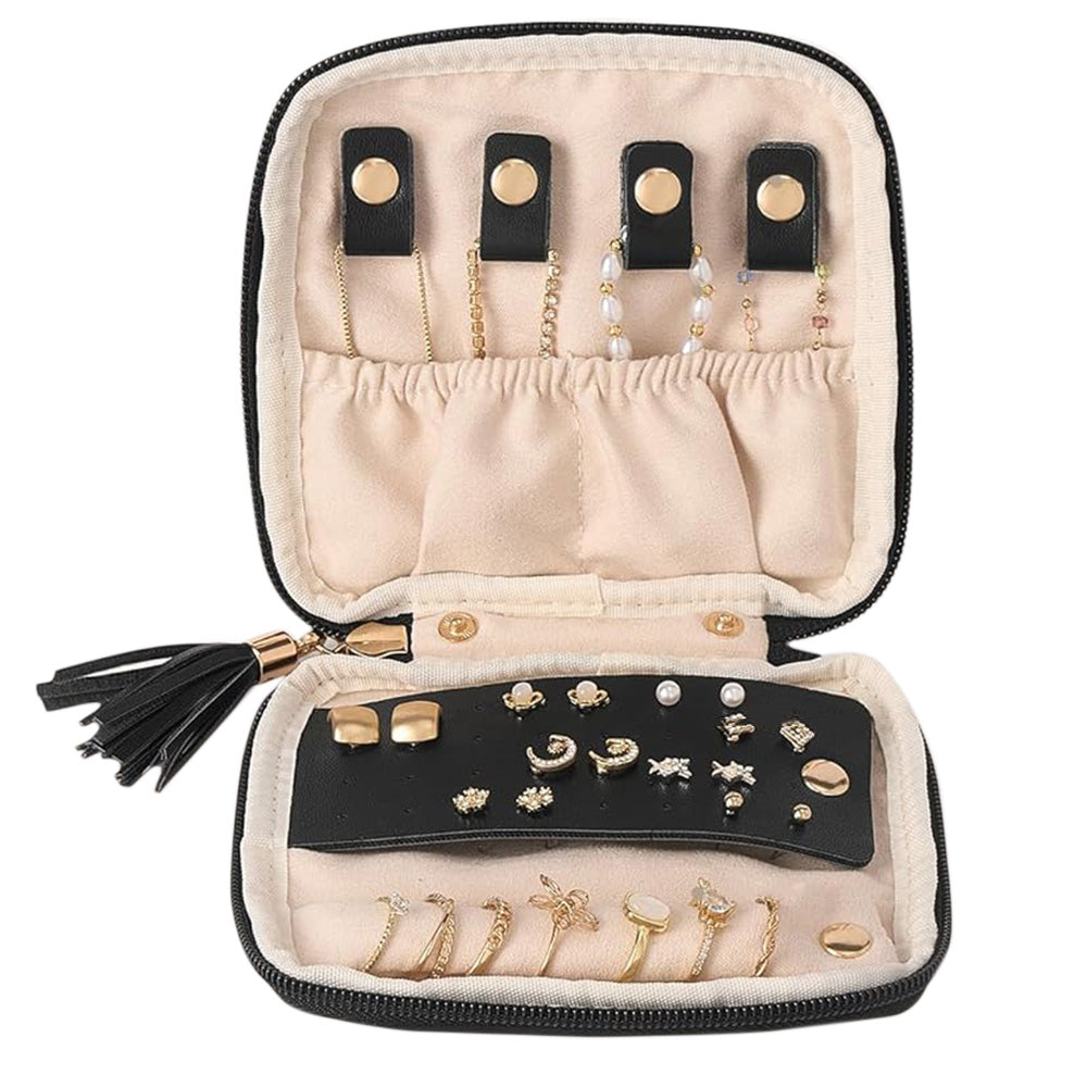 PU Leather Travel Jewelry Organizer Bag with Velvet Lining - Black