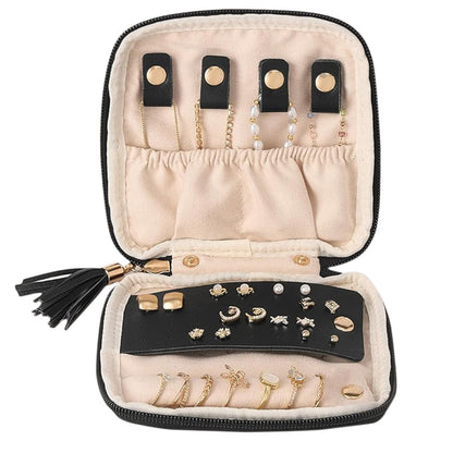 PU Leather Travel Jewelry Organizer Bag with Velvet Lining - Black