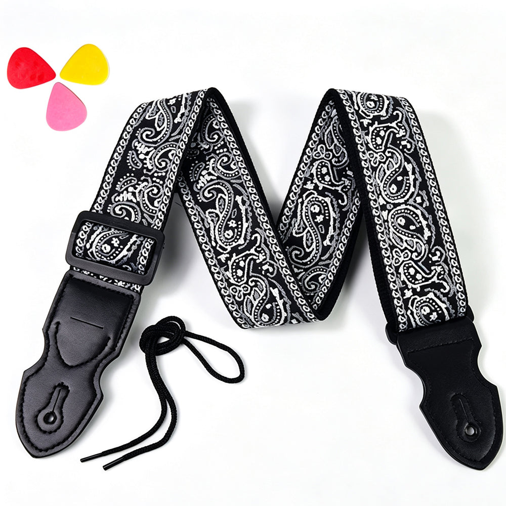 97-156cm Embroidered Acoustic Guitar Strap with 3 Picks- White