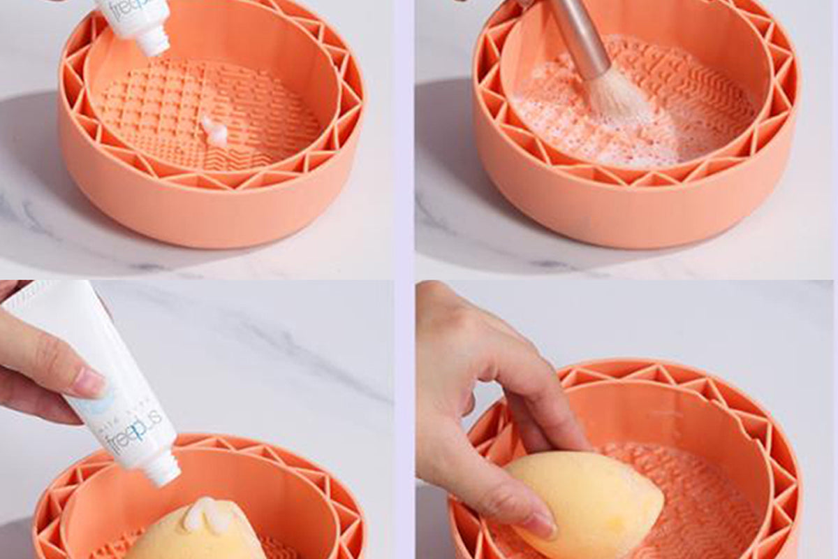 Makeup Brush Cleaning Mat With Brush Makeup Brush Cleaning Holder Bowl-Orange