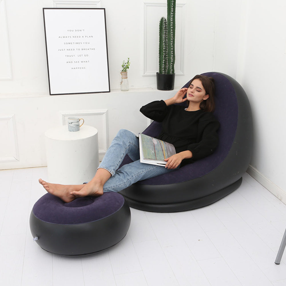 Inflatable Sofa Couch and Footrest Set Flocking Blow Up Couch Chair Set for Camping Balcony Bedroom Navy Blue