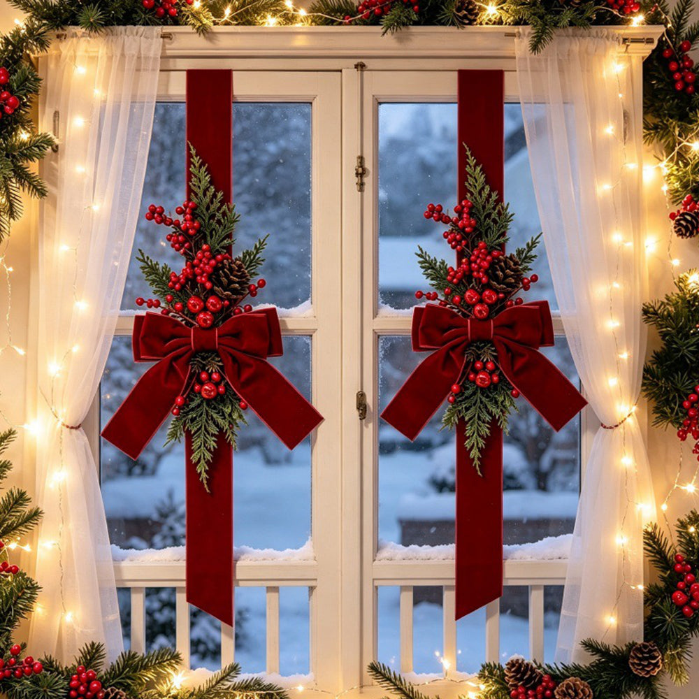 3 Piece Christmas Velvet Bow Ribbon Teardrop Swags for Door and Mantel - Wine Red
