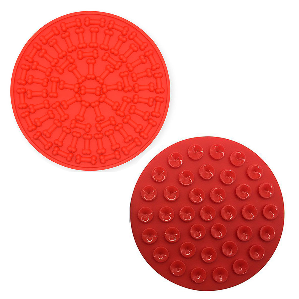 Dog Lick Pad Bath Washing Buddy Suction Grooming Pad Helper Slow Feeder Mat-Red