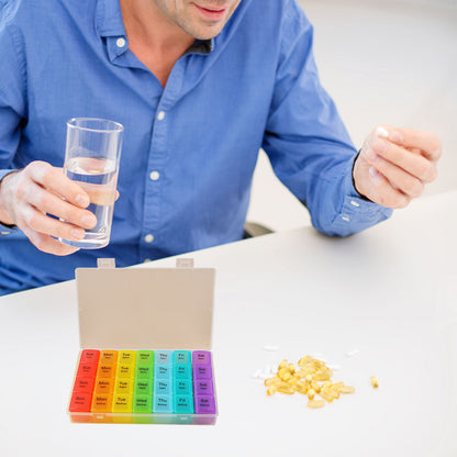 7-Day 28 Compartments Pill Box Medicine Organiser with Snap Lids for Vitamin Fish Oil Medicine Clear and Rainbow