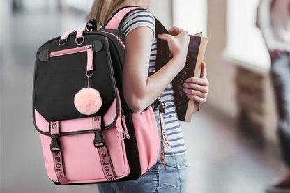 Girls Backpack Middle School Students Bookbag with USB Charge Port-Pink
