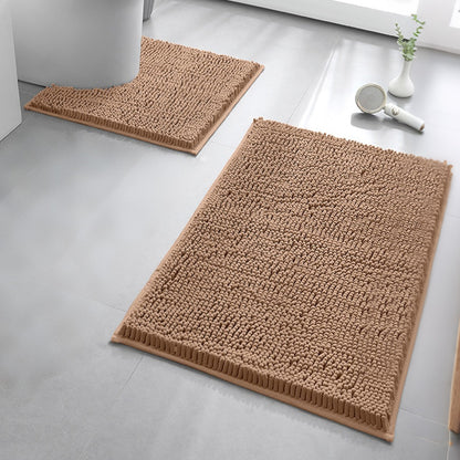 2 Piece Absorbent Bathroom Mat and U Shape Toilet Rug Set - Khaki
