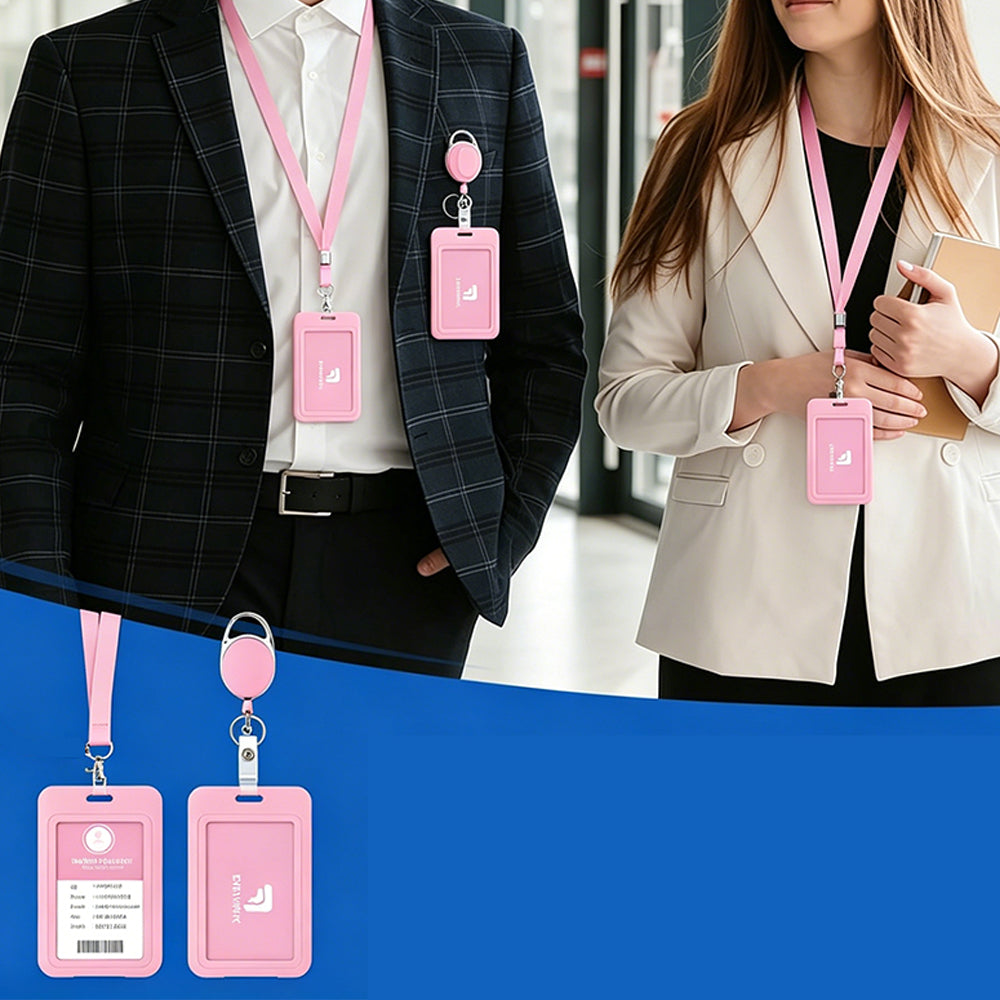 2Pcs Retractable Badge Holder with Lanyard for ID Cards-Pink