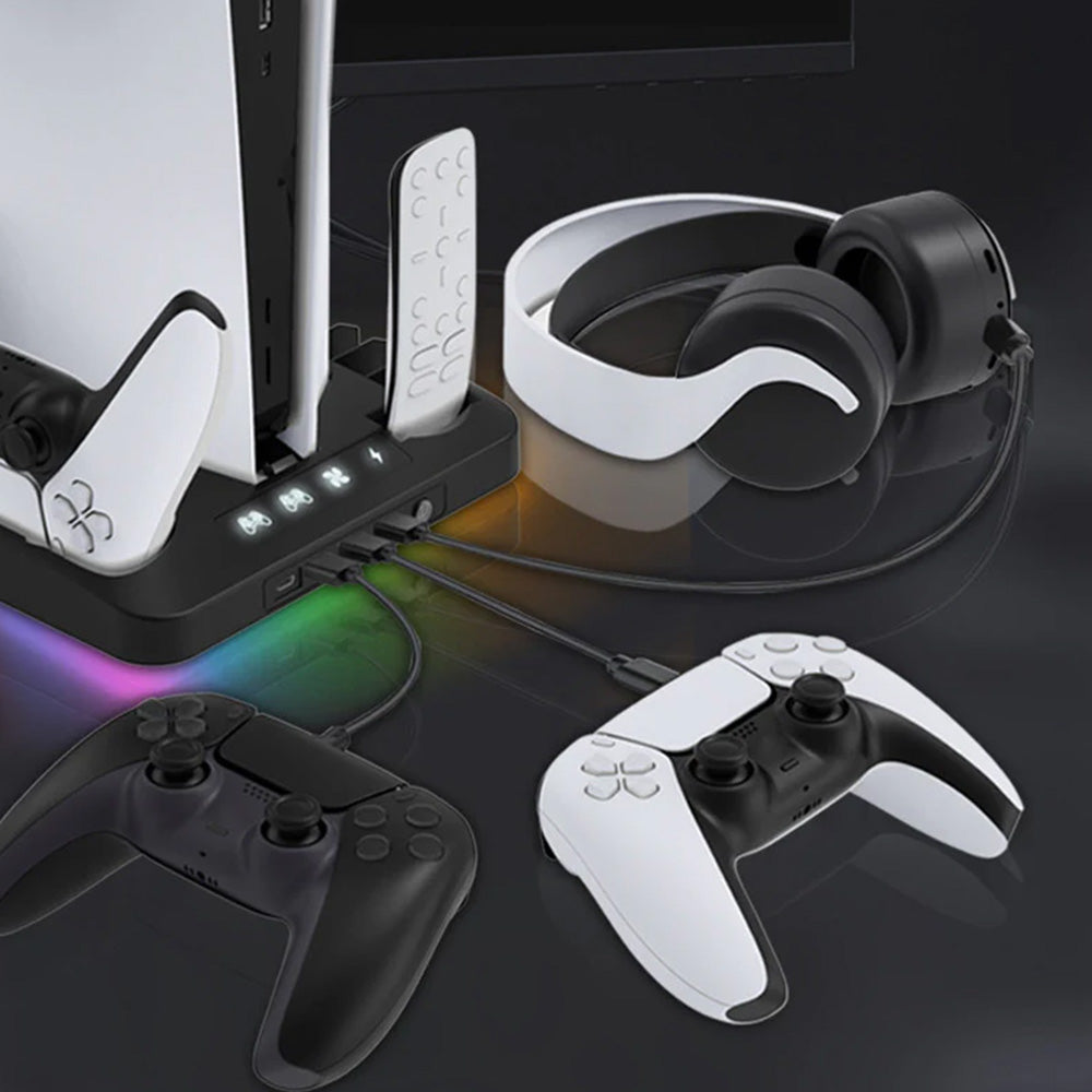 Gaming For PS5 Slim Pro Docking and Cooling Station Charger Headset Holder With RGB Light-Black