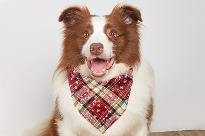 2Pcs Snowflakes Christmas Dog Bandana Buffalo Plaid Pet Scarf Dog Triangle Bandana-Wine red check snowflake and Green check snowflake