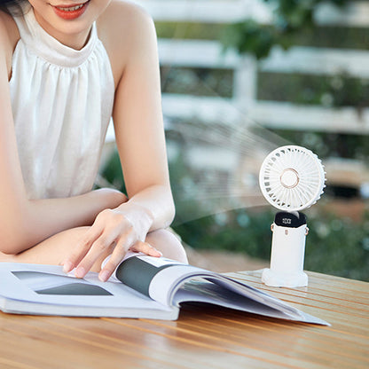 3-in-1 5 Speed USB Handheld Fan Mini Folding Digital Display Fan with Lanyard and Base White